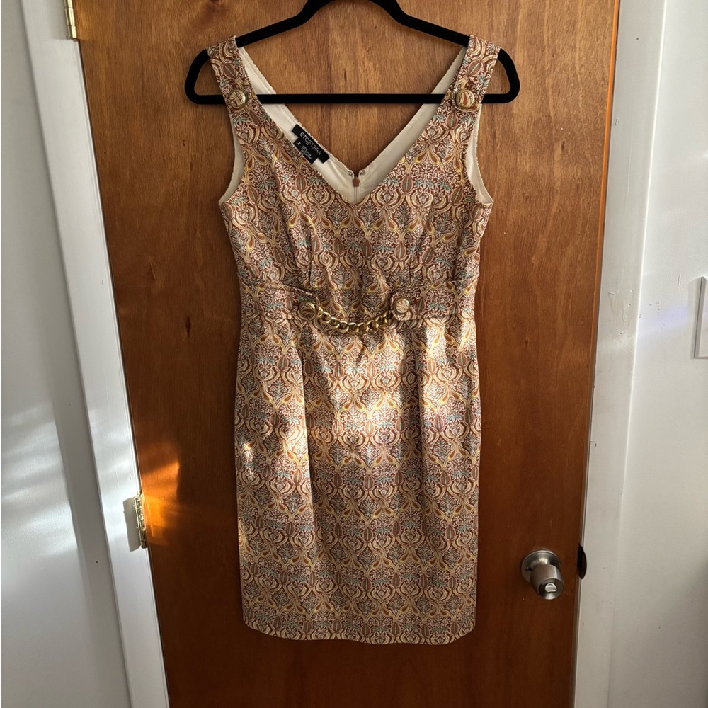 Etcetera Beige/Brown Paisley Patterned Dress, with gold chain detail